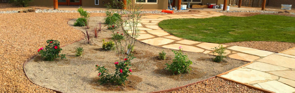 backyard landscaping, sod, plants, flagstone, grass, rocks